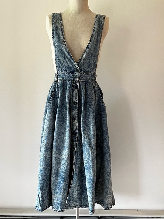 Dresses & Skirts - Vintage Acid Wash Denim Button-Front Pinafore Dress - Blue